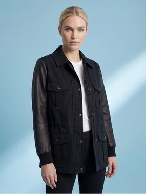 CLUB MONACO MILITARY BLACK LAMB LEATHER CANVAS MIXED-MEDIA JACKET GORP-CORE NWOT